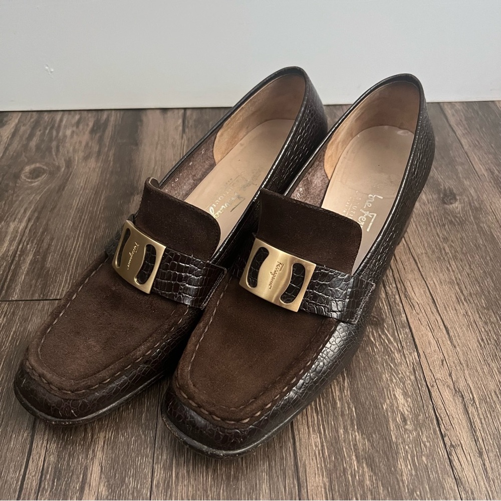 Salvatore Ferragamo Dark Brown Suede Leather Moccasins with Gold Buckle